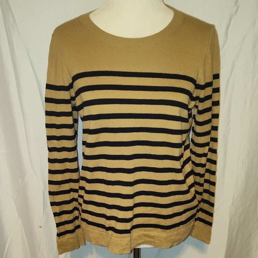J. Crew Tan and Black Striped Long Sleeve Top 100% Cotton Size Medium